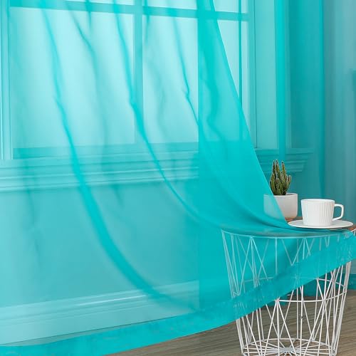 Image of OVZME Turquoise Sheer Curtains 2 Panel Sets 84 inch Inch Length - Transparent Light Weight Soft Window Panels for Study Room /Living Room /Bedroom, Per Panel W42 X L84 inches, 1 Pair