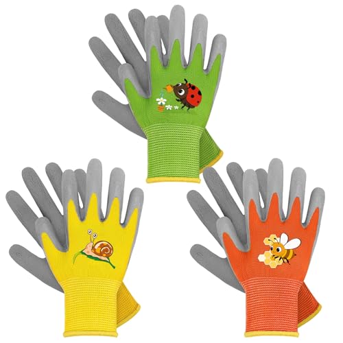 Guantes de jardinería para niños WAWSAM (3 pares, látex, naranja, amarillo y verde, 3-5 años)