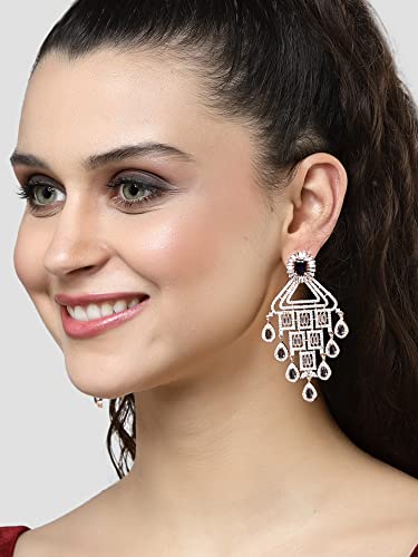 Karatcart Rose Gold Plated Blue and White Cubic Zirconia Studded Dangler Earrings for Women - Image 2