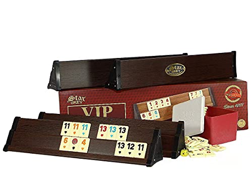 VIP Holz Wooden Rummy Set Okey mit Melamin Steine AHSAP Okey TAKIMI mit Semus Kugeschreiber (Braun) Cover