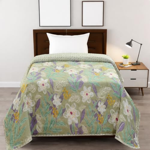 Image of IVAZA Luxury Ultrasonic Punch AC Comforter Blanket - Quilted Microfiber Floral Pattern, Lightweight Breathable All‑Season Blanket for Bedroom, Travel (Singled Bed,228x152 CM) Green White Rose