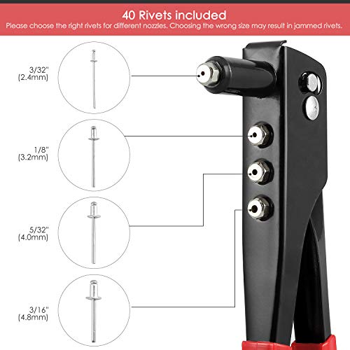 Rivet Tool Kit, Professional Pop Riveter with 4 Nozzle Adaptors, 4-in-1 Hand Rivet Gun Set with 40-Piece Rivets Included