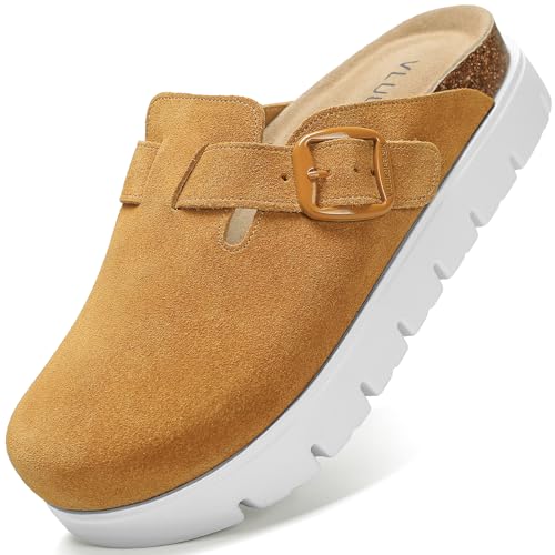 Image of Women's Suede Platform Clogs Leather Mules Slip On Indoor Outdoor Shoes | Arch Support, Cork Footbed, Adjustable Buckle,Water Resistant Upper,All Day Comfort