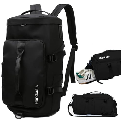 Image of Handcuffs Duffle Bag for Travel & Gym with Separate Shoe Compartment 60L 3-in-1 Convertible | Water-Resistant Backpack /Rucksack Luggage Weekender Bag for Men & Women | Oxford Cloth | Dark Black