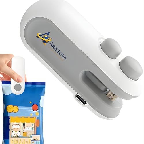 Image of ARISTOVA Portable Mini Sealing Machine | 2-in-1 USB Rechargeable Magnetic Bag Sealer with Cutter | Handheld Packet Sealer | Type C Charging Vacuum Sealer for Food, Snacks & Chips | White