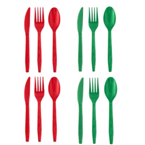 4 Pack Bundle Green Red Plastic Utensils Combo Pack - 192 Count Parties Events Durable Disposable Cutlery Cook Serve Kitchen