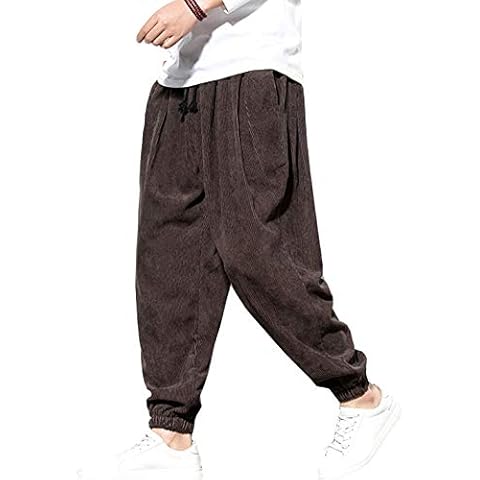 PAODIKUAI Men Casual Corduroy Elastic Waist Harem Pants Loose Fit Solid Trousers with Pockets - black - Large Cover
