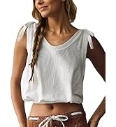 AIHUKOCY Women V Neck Bow Knot Tie Shouler Sleeveless Solid Loose Bubble Crop Tank Top