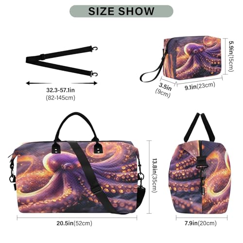 Magic Fish Kraken Large Travel Duffle Bag Weekender Overnight Bags Gym Yoga Bag for Women Men with Toiletry Bag3