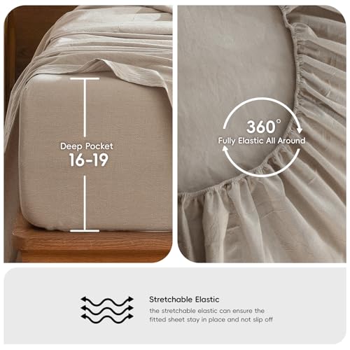 Image of MooMee Bedding Sheet Set 100% Washed Cotton Linen Like Textured Breathable Durable Soft Comfy (Heathered Tannish Linen Grey, King)