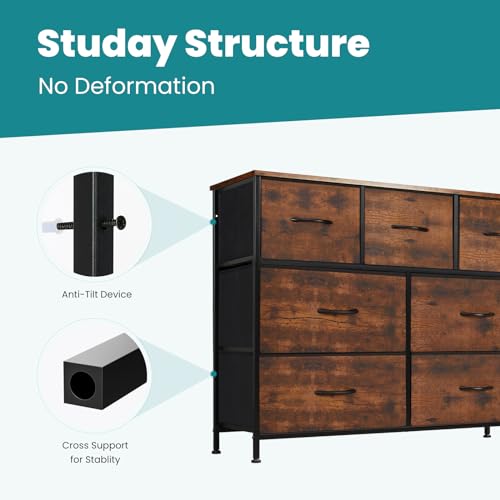 Image of OLIXIS 7 Drawer Dresser for Bedroom, Wide Fabric Storage Tower with Wooden Top and Metal Frame, Closet Chest Organizer Furniture, TV Stand for Living Room Hallway, Rust Brown