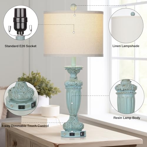 Rinweey 27.5 Inch Farmhouse Resin Table Lamps Set Of 2 For Living Room 3-Way Dimmable Table Lamp With Usb C+A Ports,Light Blue Desk Lamps,Traditional Bedside Lamps Use For Bedroom Nightstand thumb #7
