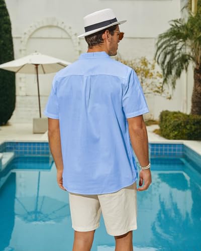 Image of JEKAOYI Mens Casual Linen Cotton Button Down Short Sleeve Shirts Cuban Camp Guayabera Beach Tops