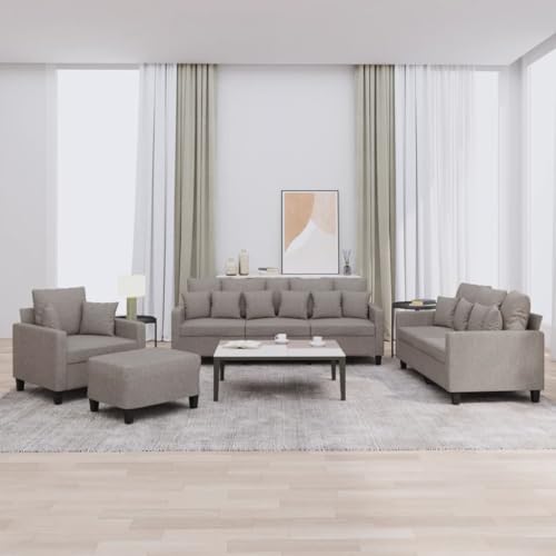 vidaXL Sofagarnitur 4-TLG., Sessel Couch mit Kissen Fußhocker, Sofa Wohnzimmersofa mit Armlehnen, Couchgarnitur Designsofa Sitzmöbel Polstermöbel, Taupe Stoff – Bild 3