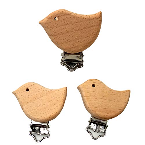 Image of 10pcs Natural Wood Suspender Pacifier Clips Cute Beech Wooden Animal Bird Shape Clips Charm DIY Beading Pacifier Chain Accessory