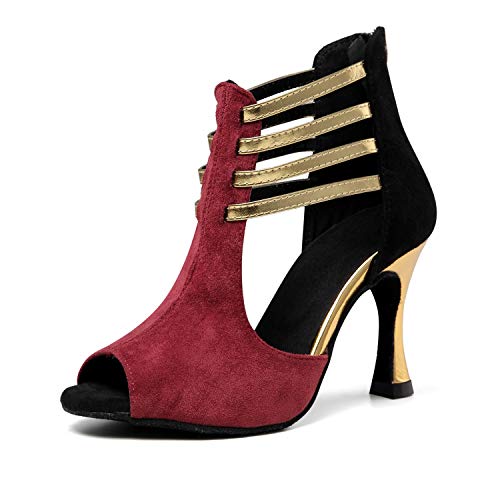 Yiteli Women Ballroom Dance Sandals Dancing Heels Suede Sole Zipper Up Open-Toe, Red Faux Suede, US 7.5 B(M)