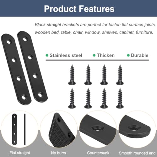 Image of 8 Pcs Black Flat Bracket 4 Inch Stainless Steel Straight Braces, Mending Plates Repair Fixing Brackets Heavy Duty Straight Repair Joining Plates with Screws