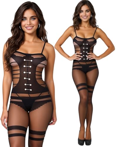 Image of ToBeInStyle Women's Assorted Bodystocking Sheer Opaque or Fishnet Crotchless Lingerie Bodysuit