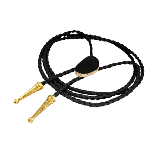 Image of Daisy Del Sol Gemstone Bolo Tie Braided Vegan Faux Leather Natural Stone Gold Handmade Necklace Adjustable Boho Western Jewelry