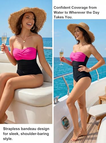 Image of Smismivo Tummy Control Swimwear Strapless One Piece Swimsuit Ruched Bathing Suits for Women Slimming Bandeau Tube Top Bikini