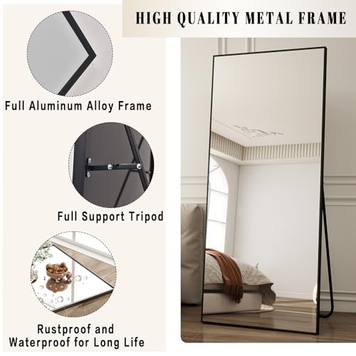 Image of BEAUTYPEAK Full Length Mirror with Stand, 65 inchx24 inch Floor Mirror with Aluminum Alloy Thin Frame, ShatterVue Tempered Full Body Mirrors, Free Standing or Wall-Mounted Mirrors for Living Room, Black