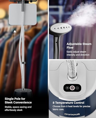 Image of OWNAIR Standing Iron Steamer For Clothes, Vertical Standing Garment Steamer, 2.1L Water Tank, 32 g /min, 8 Heat modes, 2000 watt, Adjustable Iron Board, Horizontal and Vertical, 1 year warranty