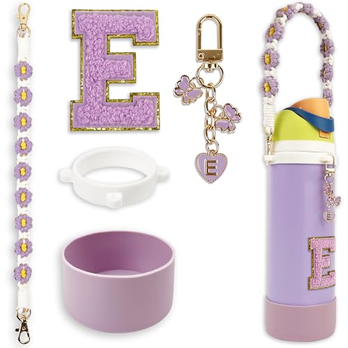 Silicone Boot Cute Monogram Set Compatible with Owala Water Bottle 24 oz - Perfect Letter Owala Accessories for Owala Tumbler, Owala Free Sip, Pink Owala, Black Owala, owala coffee tumbler (Purple, E)
