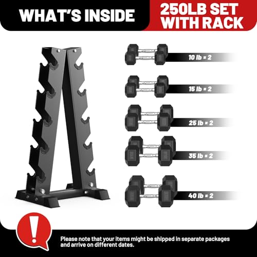 Image of PAPABABE Hex Dumbbell Sets with Rack, 100-600lb Rubber Coated Dumbbell Weight Set and Storage Rack, Multiple Options Hand Weights for Strength Training