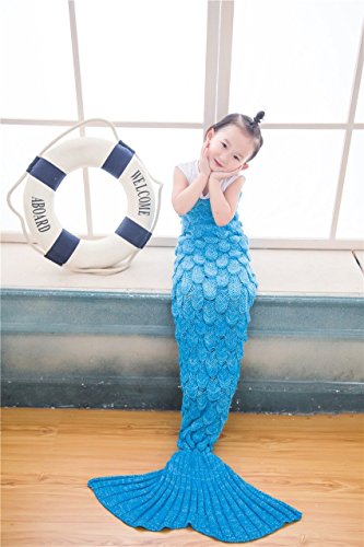 BG All Seasons Soft Crochet Mermaid Tail Blanket with Scales Pattern for Kids 55.12in x27.60in (140cm x 70cm Sky Blue)