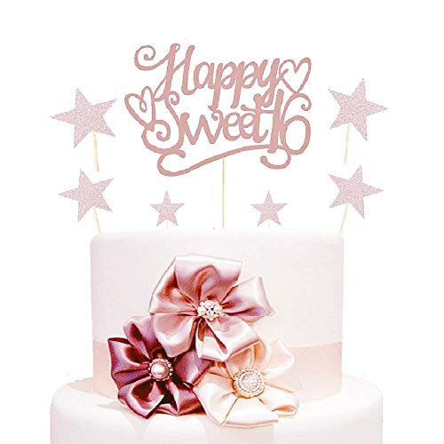 Set of 7 Glitter Rose Gold Happy Sweet 16 Cake Toppers Pack Star Cupcake Party Decor Decorations (D)