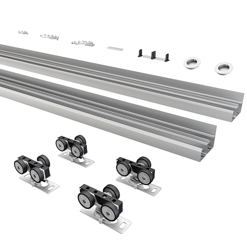 BarnBase 5FT-60(Double 2.5FT) Bypass Door Hardware, Aluminum Double-Closing Sliding Closet Door Hardware with Finger Pull Included, Smoothly and Quietly, Fit Door Thickness 1 3-8 or 1 3-4, Silver