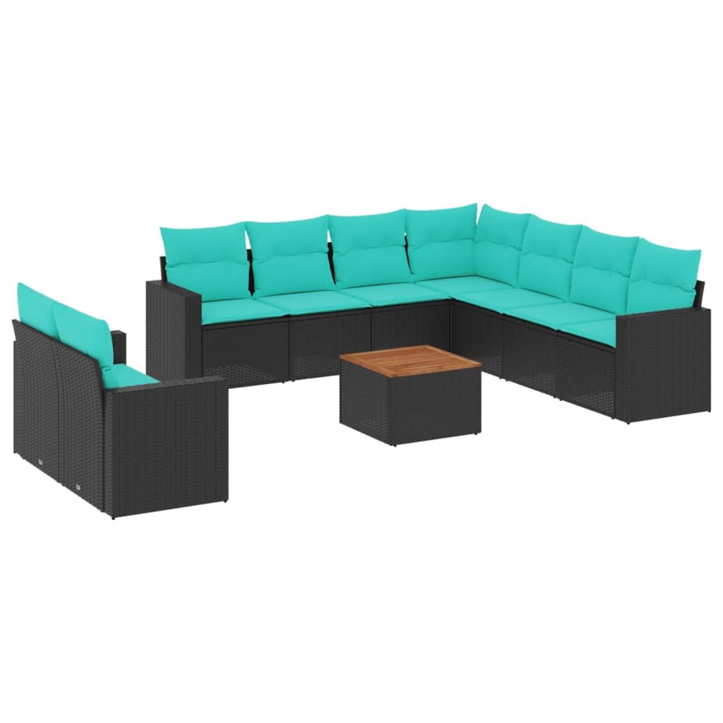 Set di 10 divani da giardino in polyrattan nero con tavolo | Salotto modulare in rattan per balcone, terrazza e giardino: con pratico vano portaoggetti sotto le sedute e tavolo in legno