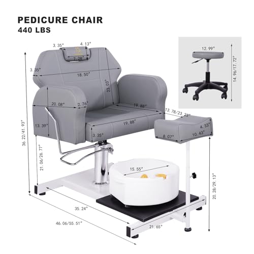 LUXMARS Reclining Pedicure Chair No Plumbing with Foot Massage Basin & Stool, Hydraulic Adjustable Pedicure Chair Station, 360° Rotation Beauty Spa Salon Unit Station - White