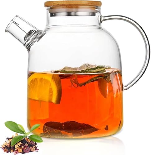 Image of NeWine Italian Premium 1.8 Litre Glass Water Jug, Glass Jug with Airtight Wooden Lid and Strainer, Borosilicate Glass, Pack of 1, Transparent 1800ML