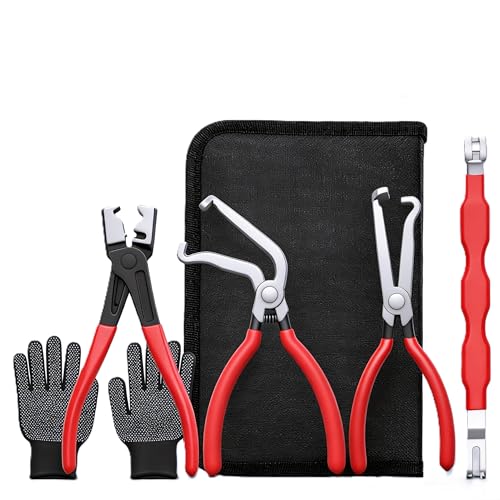 Zeusora 5-Pcs Kit Electrical Disconnect Pliers Set w/Gloves - Auto Connector Tool for Fuel Line, Wiring, Sensors & Coils | Quick-Release Car Truck Repair (Red)