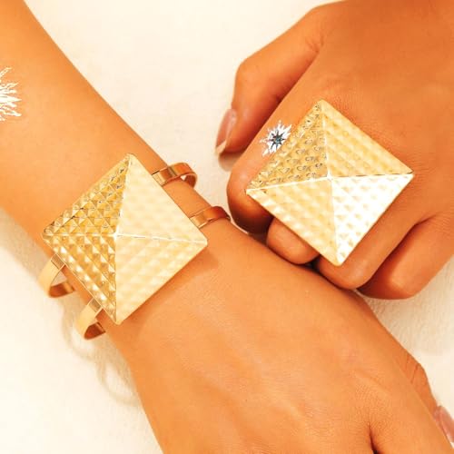 Stylish Gold Cuff Chunk Bracelet Ring Set Adjustable Open Cuff Bangles Bracelets Wide Jewelry Set for Women3