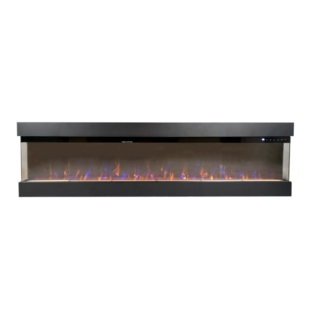 Camino elettrico VELAR | Caminetto a parete da incasso | Stufa ventilata da 750W/1500W a basso consumo, con telecomando, timer, decorazione di tronchi e cristalli (Nero, 182cm)