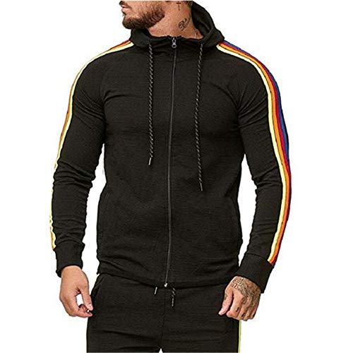 Image of PRJN Men's Zip Hood Jacket Men's Full Zip Breathable Men's Hooded Jacket Comfortable Zip Hoodie with Tight Fit Men's Pinstripe Sweater Men's Color Striped Webbing top Men's Sweater