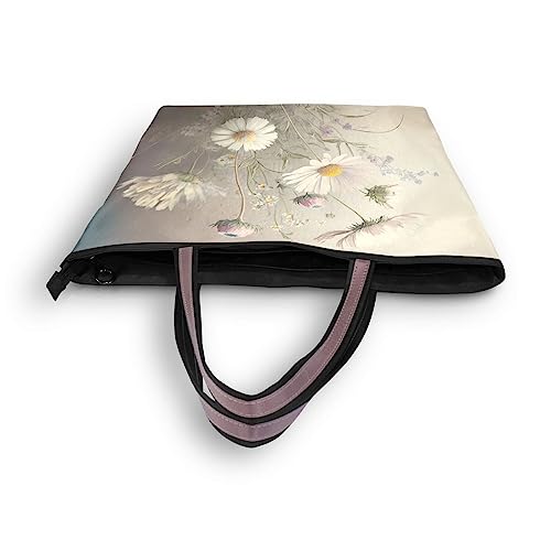Vintage White Daisy Women Tote Bag, Zipper Shoulder Bag Reusable Grocery Bag Handbag-Large4