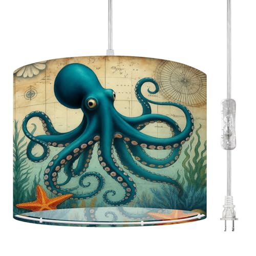 RAINFALLARING Plug in Pendant Light Whimsical Blue Octopus Tentacles Starfish