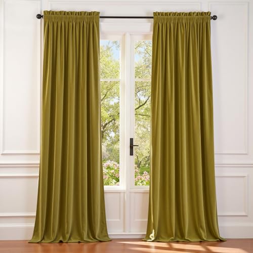 Image of Lazzzy Velvet Blackout Curtains Thermal Insulated Room Window Drapes Super Soft Luxury Curtains for Living Room Bedroom Rod Pocket 2 Panels, Golden Olive, 52 inch W x 96 inch L