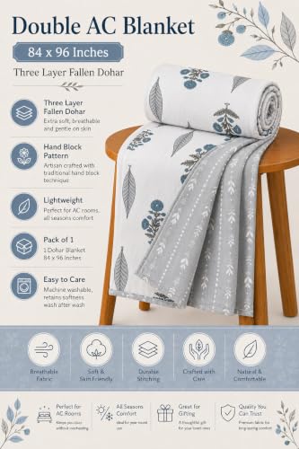 Image of Amazon Brand - Umi Double Bed Dohar Blanket Cotton 160 TC | AC Quilt 84x96 Inches | Three Layer Soft Lightweight Comforter | Trendy Elegant Bedspread