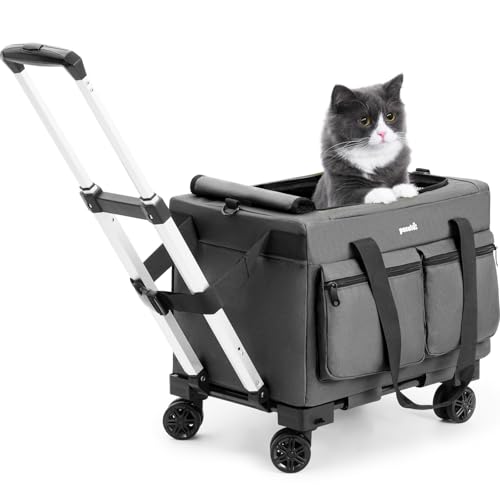 Pecute Cat Carrier with Wheels,Steel Wire Frame Cat Carrier, Stable Pet Trolley Bag for Cats, Pet Handbag and Stroller, Portable Cat Carrier Bag for Car Travel Bus Subway, Grey