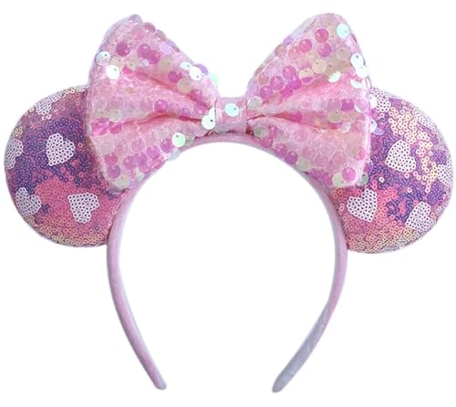 WW-WONDERFULWORLD Exquisite Big Ears Headbands With Bow & Shiny Sequins & Snowflake, for Cartoon Princess Girls Costume Cosplay Glitter Party, for Kids & Adult, Pink; 1MF