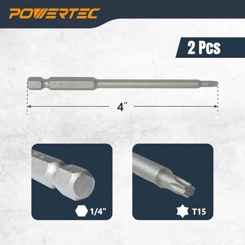 Image of POWERTEC 4 in. T15 Torx Driver Bit (2 Pack) - S2 Alloy Steel Decking Bits with Depth Stop, 1 /4 inch Hex Shank for Drills & Impact Drivers, Compatible with Edge Deck Jigs (72187)