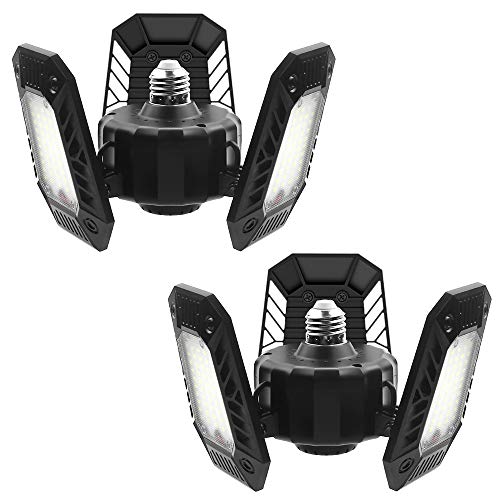 Samsion LED Garage Lights 2 Pack 60W 6000lm Deformable Garage Ceiling LED Light Daylight White 6000K E26 E27 LED Workshop Light with 3 Adjustable Heads for Basement Barn Storage Warehouse
