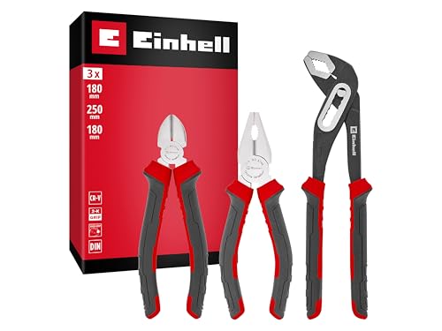 Original Einhell - Juego de alicates de 3 piezas (alicates, combinadas, ajustables, acero CrV, cuchillas templadas, articulación pasante, mangos ergonómicos)