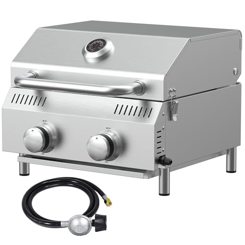 Image of Bestfire Tabletop 2-Burner Gas Grill, 20,000 BTU Stainless Steel Portable Propane Grill, Removable Legs, Push-Button Ignition, Thermometer, for Outdoor Patio, Camping, Tailgating & RV