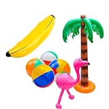 Package includes: Each package comes with 2 inflatable palm trees, 1 pink inflatable flamingo water toy, 1 yellow inflatable banana, and 4 beach balls, sufficient number for you to use