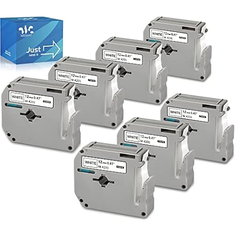 Weemay 7 Pack M-K231S Compatible for Brother Label Tape 12mm 0.47 Inch Black on White M-K231 MK-231 M-231 M231 Plastic Labeling Tape for P-Touch PT-90 PT-80 PT-70 PT-85 PT-M95 PT-65 Label Maker Cover